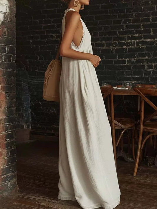 Full Size Lace Trim Wide-Leg Jumpsuit Plus Size - White - View 2