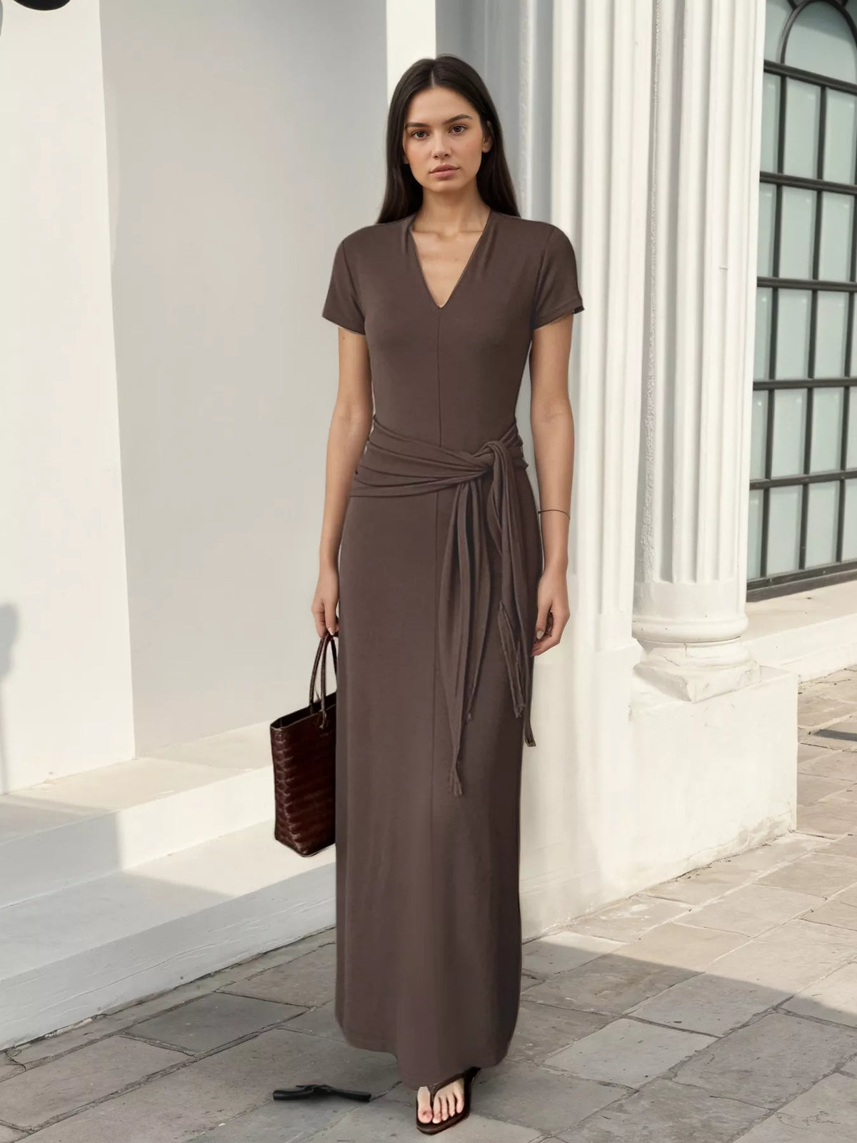 V-Neck Short Sleeve Maxi Dress with Waist-Tie Detail - Coffee Brown - View 4