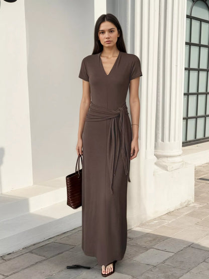 V-Neck Short Sleeve Maxi Dress with Waist-Tie Detail - Coffee Brown - View 4
