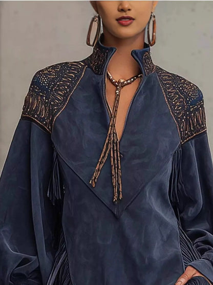 Fringed Lantern Sleeve Mini Dress - Dark Navy - View 2