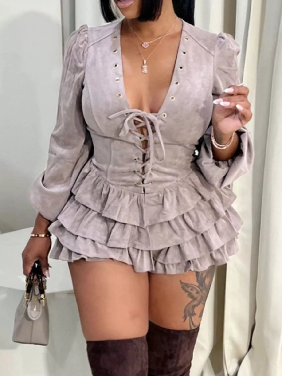 Lace-Up Ruffle Hem Long Sleeve Mini Dress - Dusty Pink - View 1