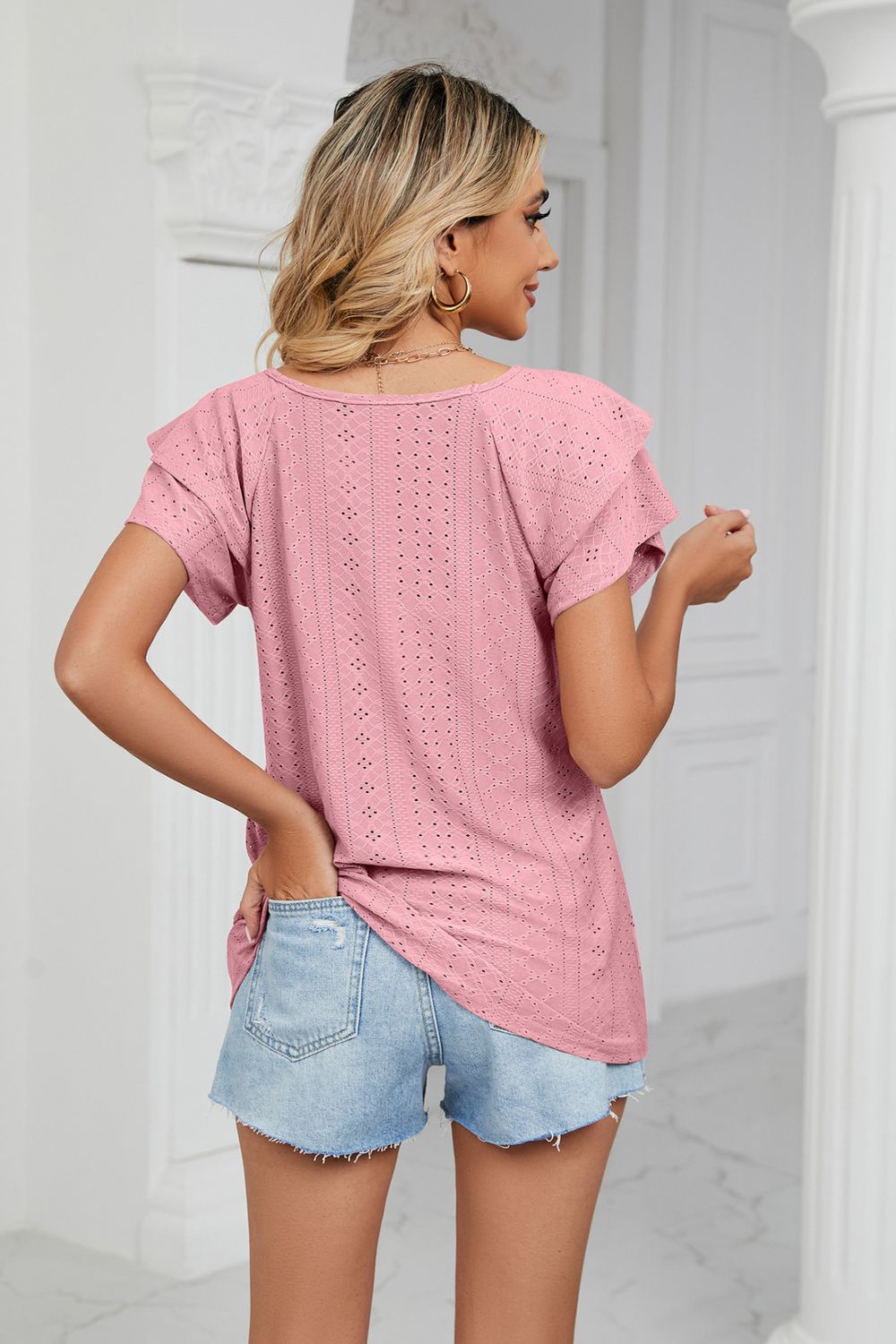 Eyelet Layered Flutter Sleeve V-Neck Knit Top - Blush Pink - View 18