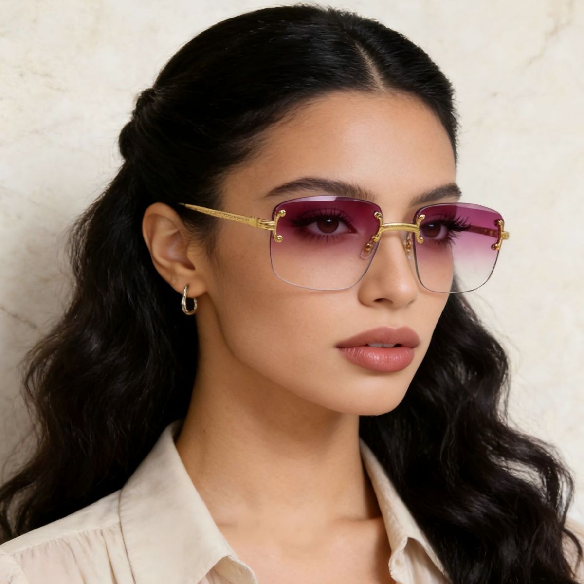 Rimless Gradient Tinted Sunglasses - Lilac - View 4