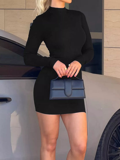 Mock Neck Ribbed Bodycon Knit Dress - Black - View 4