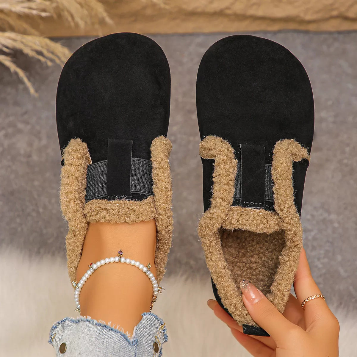Faux Fur Lined Slip-Ons - Black - View 2