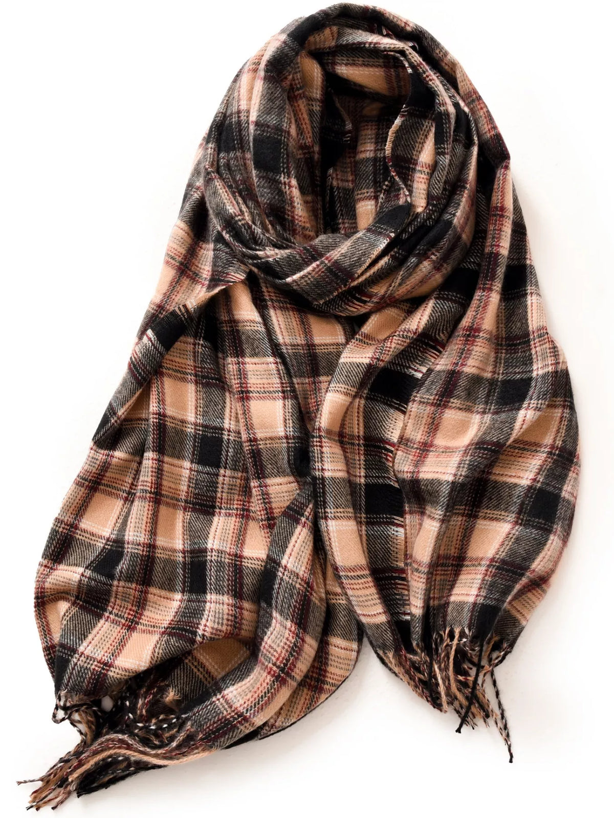 Classic Plaid Fringe Scarf - Camel - View 7