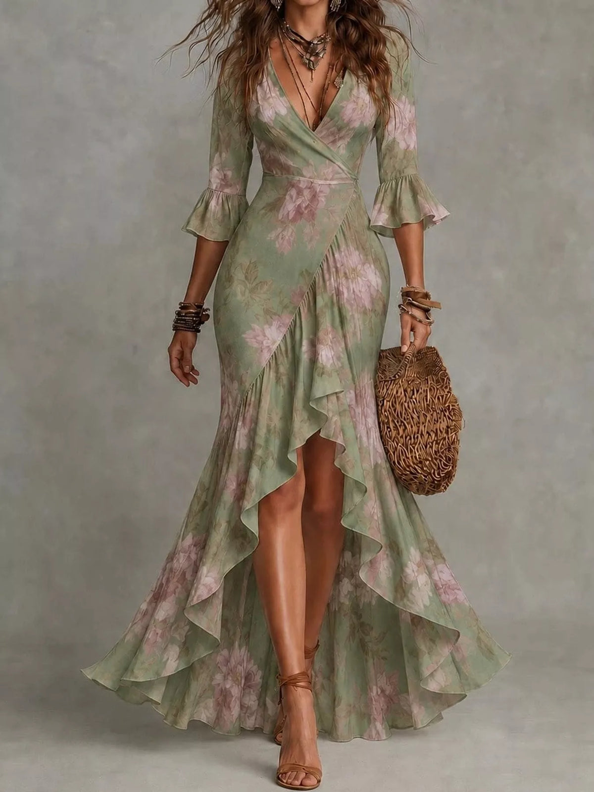 High-Low Ruffled Maxi Dress - Army Green - View 13