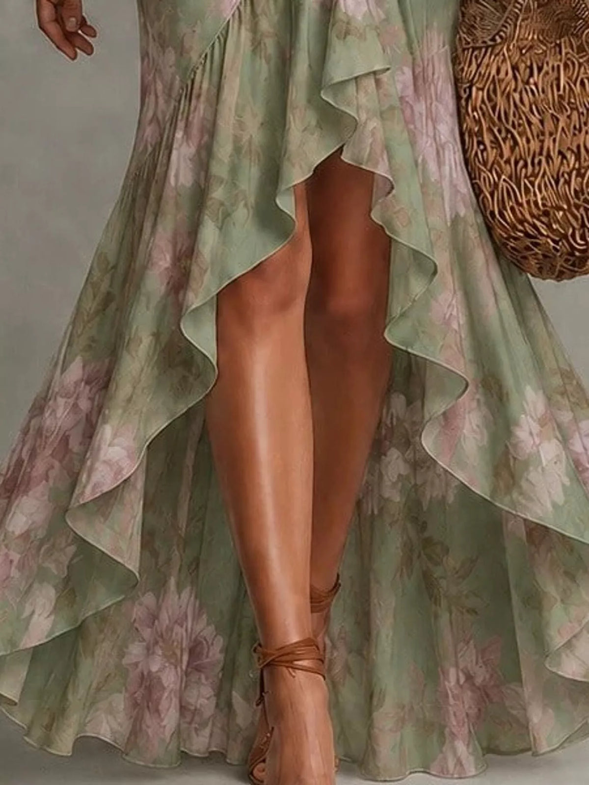 High-Low Ruffled Maxi Dress - Army Green - View 15