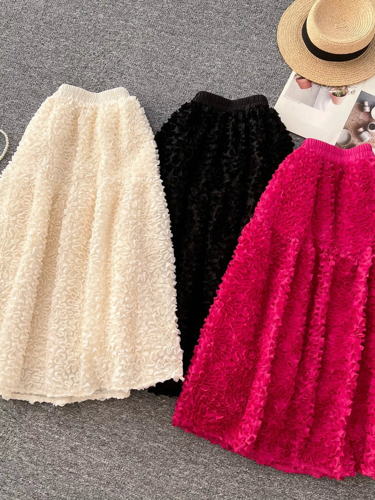 Elegant 3D Lace Trim High‑Waist A‑Line Midi Skirt - Apricot - View 3