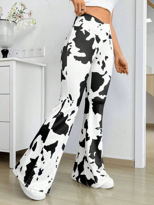 Cow Print Flared Pants - Black - View 1