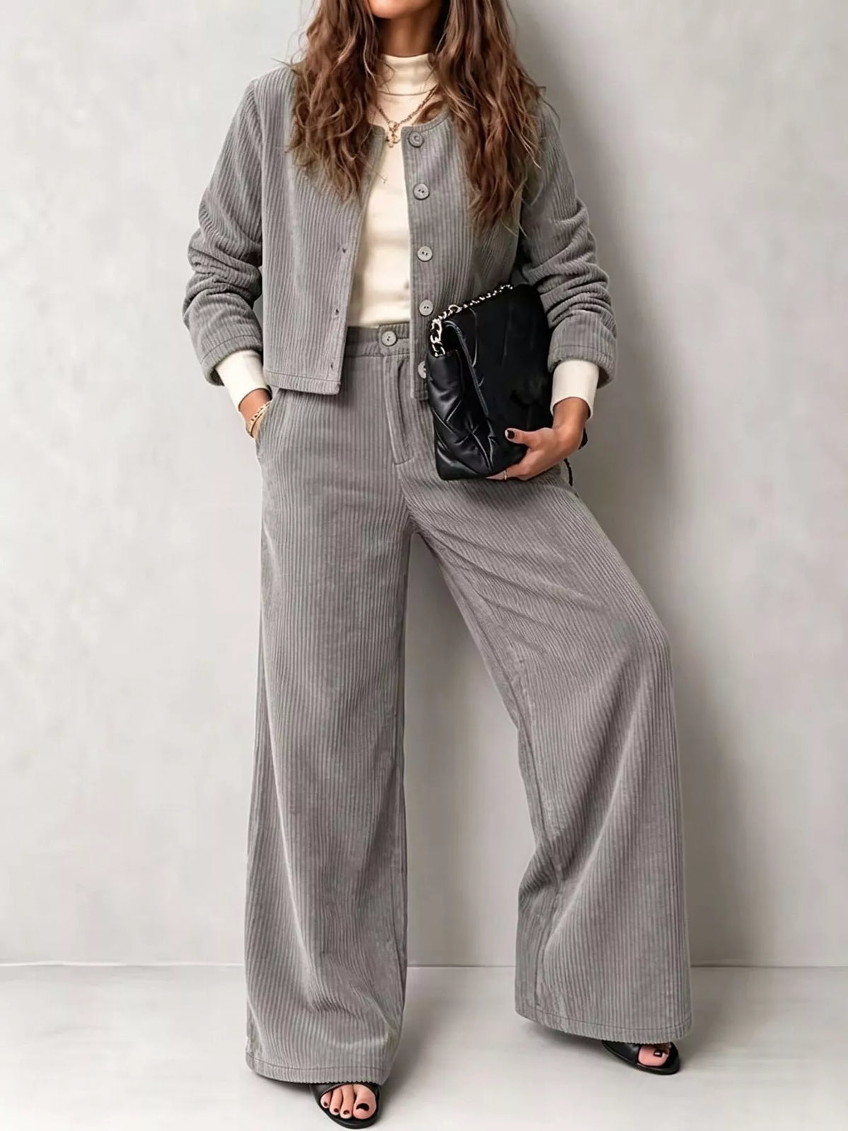 Full Size Corduroy Button-Down Jacket and Wide-Leg Pants Two-Piece Set Plus Size - Gray - View 4