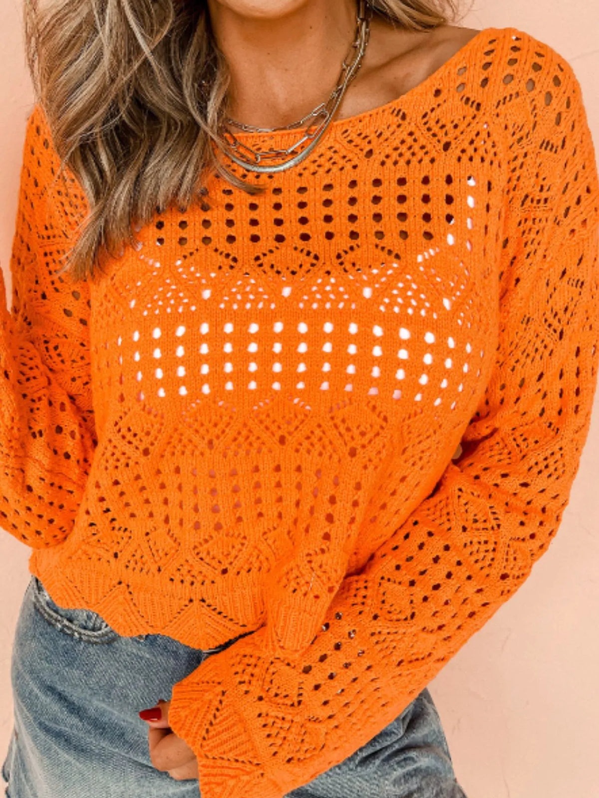 Crochet Boat Neck Knit Cover Up - Orange - View 1