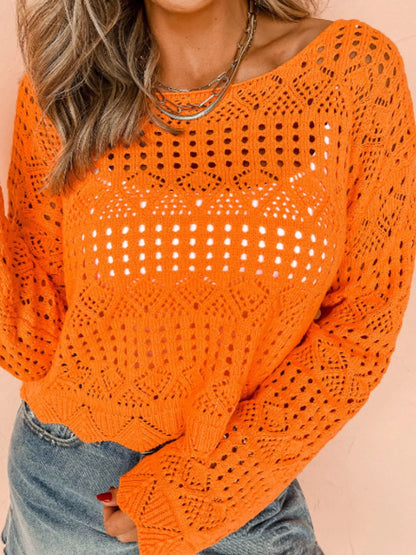 Crochet Boat Neck Knit Cover Up - Orange - View 1