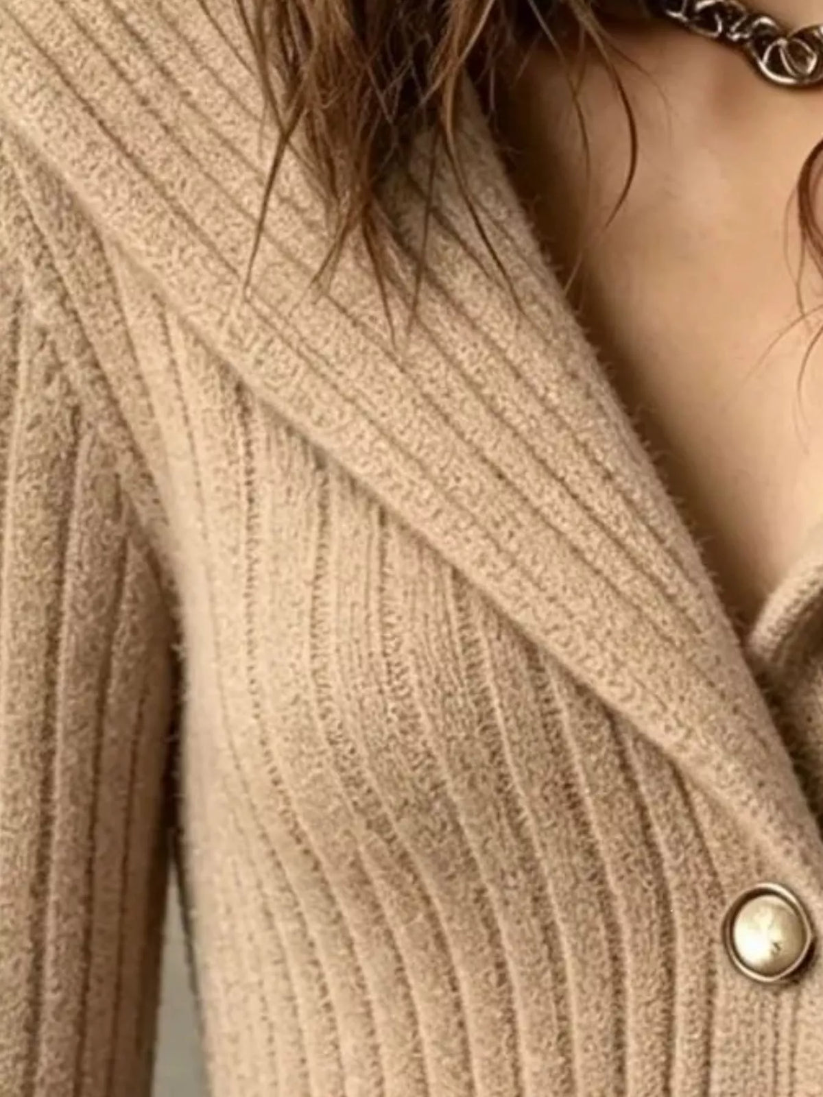 Full Size Ribbed Knit Button-Down Front Cardigan Plus Size - Khaki Color - View 2