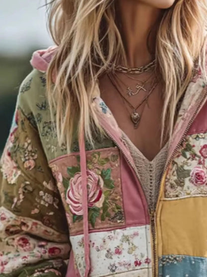 Full Size Drawstring Floral Zip-Up Sweatshirt Plus Size - Dusty Pink - View 2
