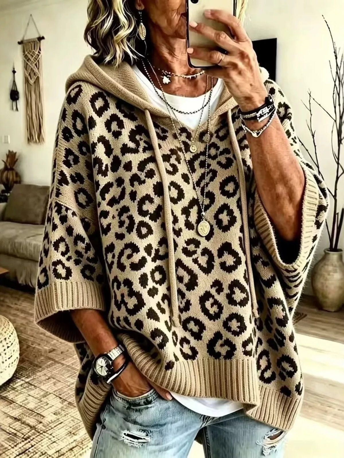 Drawstring Leopard Hooded Sweater - Khaki - View 2