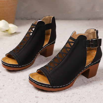 Open Toe Block Heels Sandals - Black - View 4