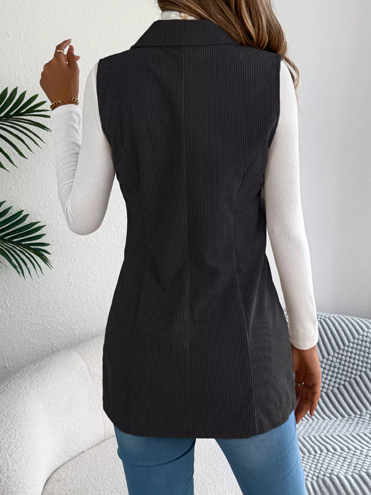 Button-Front Longline Vest Coat - Black - View 13