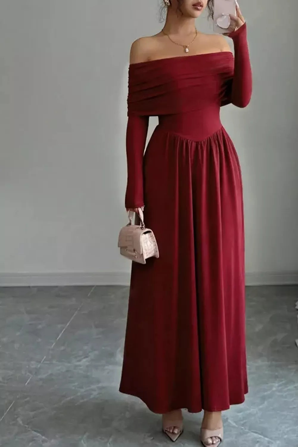 Off-Shoulder Ruched Maxi Dress - Deep Red - View 7