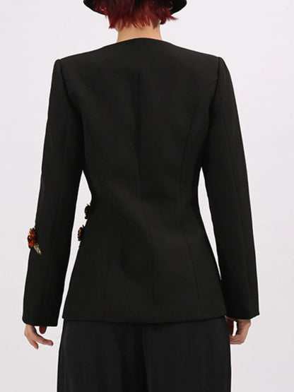 Embroidered Long Sleeve Blazer - Black - View 10