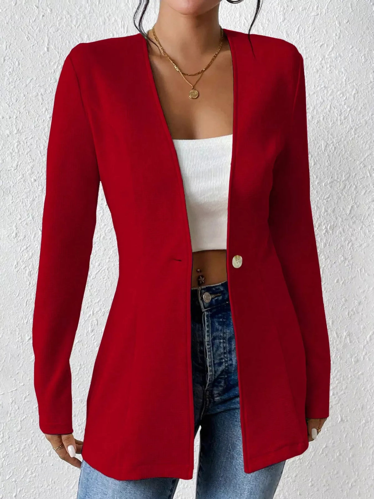 One Button Long Sleeve Blazer - Red - View 17