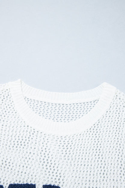White Chenille BEACH Lettering Hollow Out Knit Casual Sweater