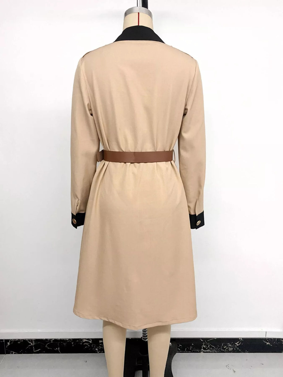 Contrast Lapel Button Front Midi Shirt Dress - Khaki - View 15
