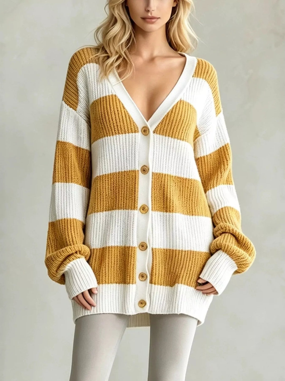 Striped V-Neck Button-Down Cardigan - Sherbet - View 1