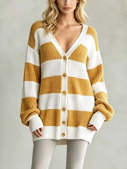 Striped V-Neck Button-Down Cardigan - Sherbet - View 1