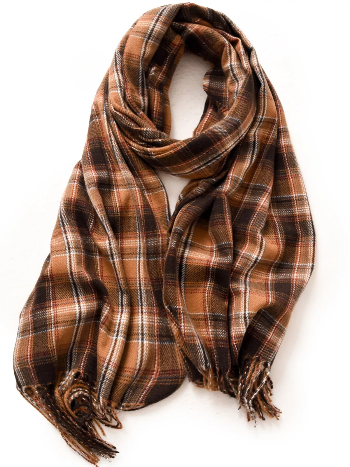 Classic Plaid Fringe Scarf - Caramel - View 6
