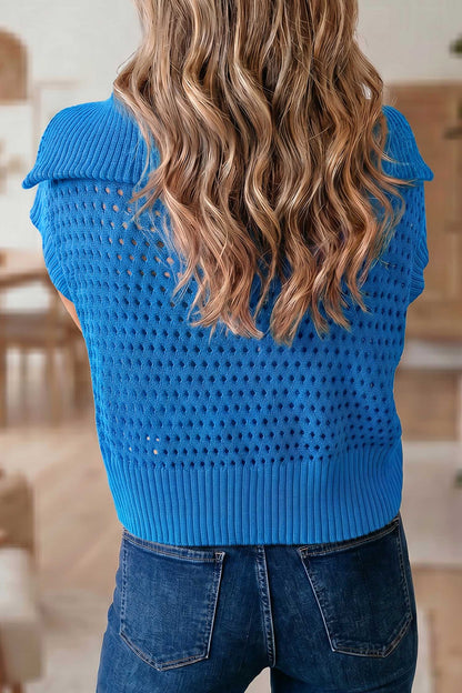 Sky Blue Cutout Knit Zip-Collar Top - Sky Blue - View 2