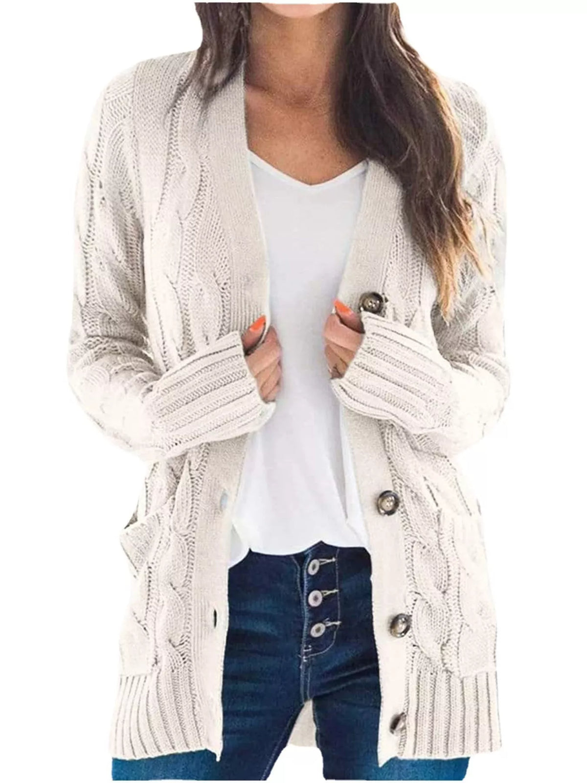 Full Size Chunky Cable Knit Button-Down Cardigan Plus Size - Cream - View 1