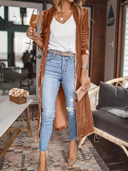 Open Front Long Sleeve Coat - Brown - Styled Front View