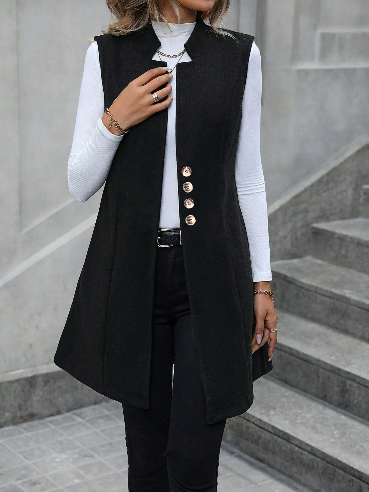 Button Up Longline Vest Coat - Black - View 8