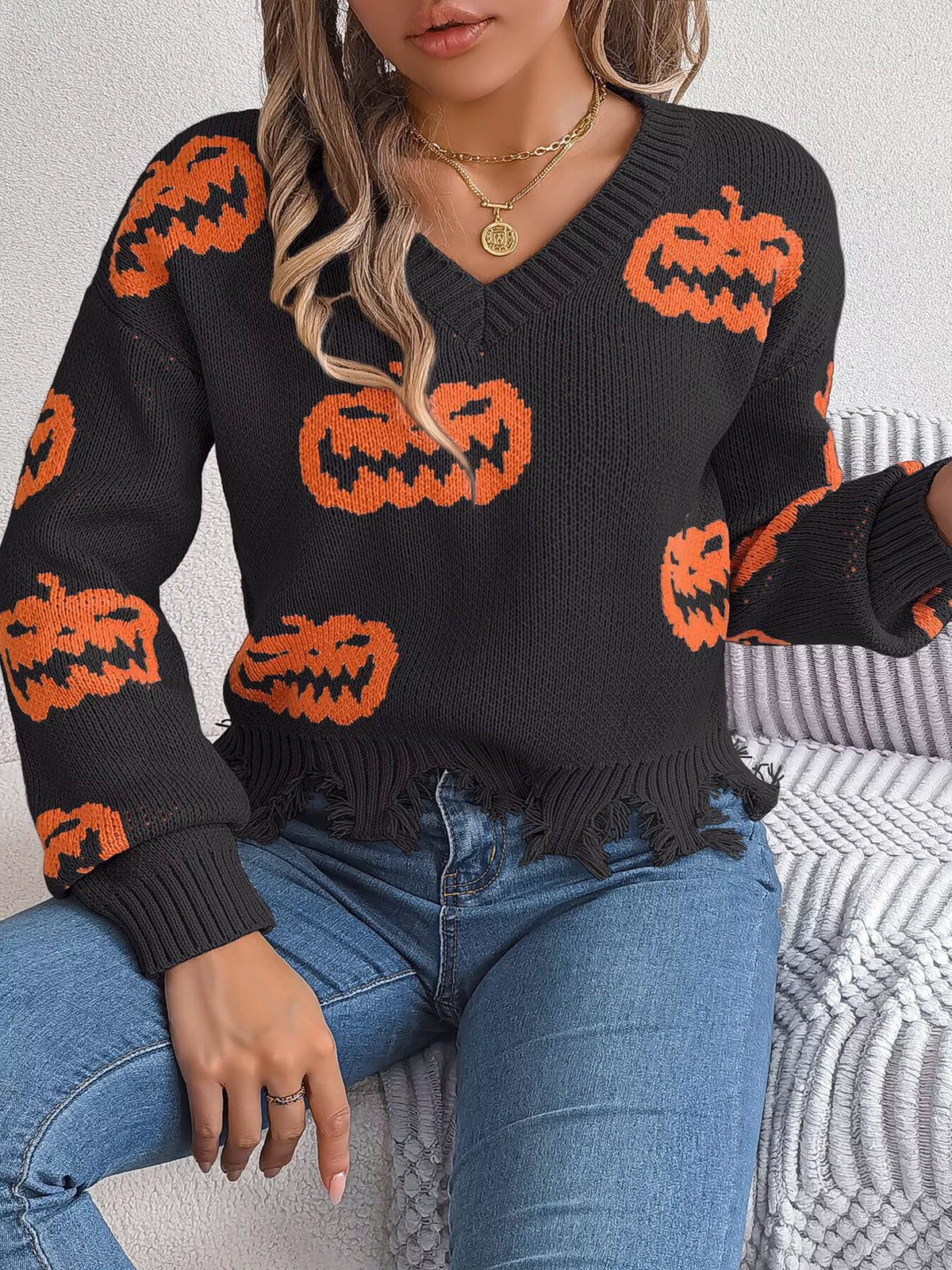 Pumpkin Distressed Hem Sweater - Black - View 4