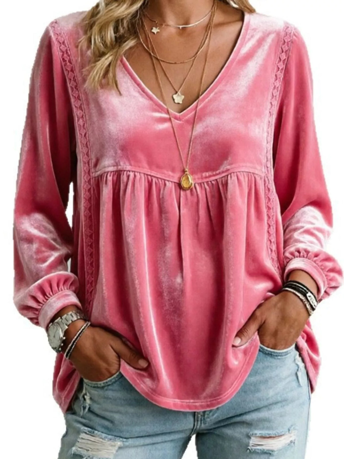 Full Size V-Neck Long Sleeve Velvet Blouse with Lace Trim Plus Size - Fuchsia Pink - View 1