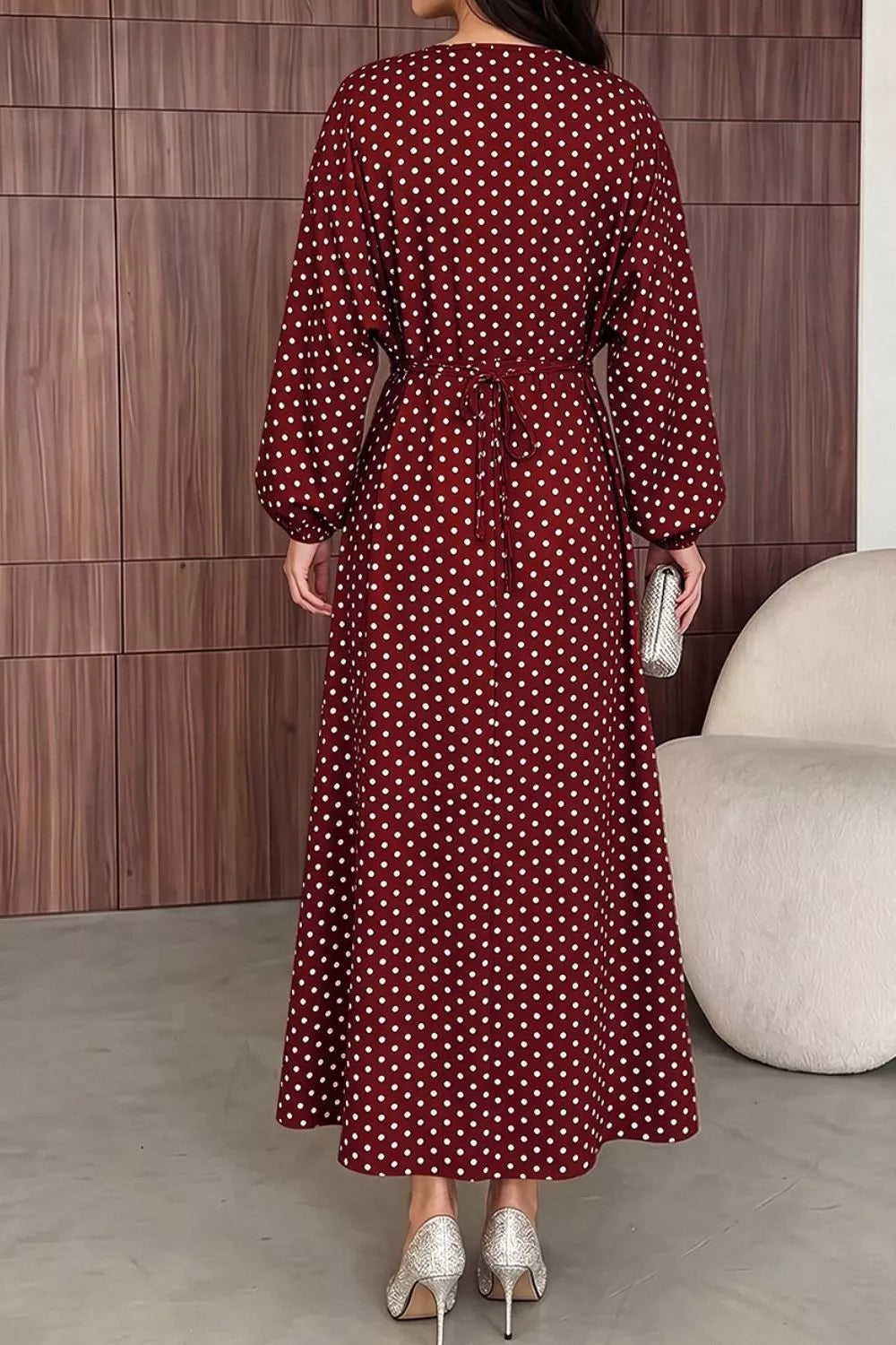 Polka Dot Long Sleeve Maxi Dress - Burgundy - View 2
