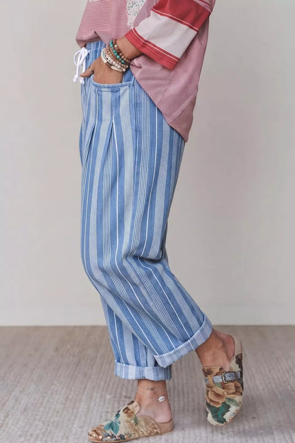 Stripe High Waist Wide Leg Barrel Jeans - Light Blue - View 3