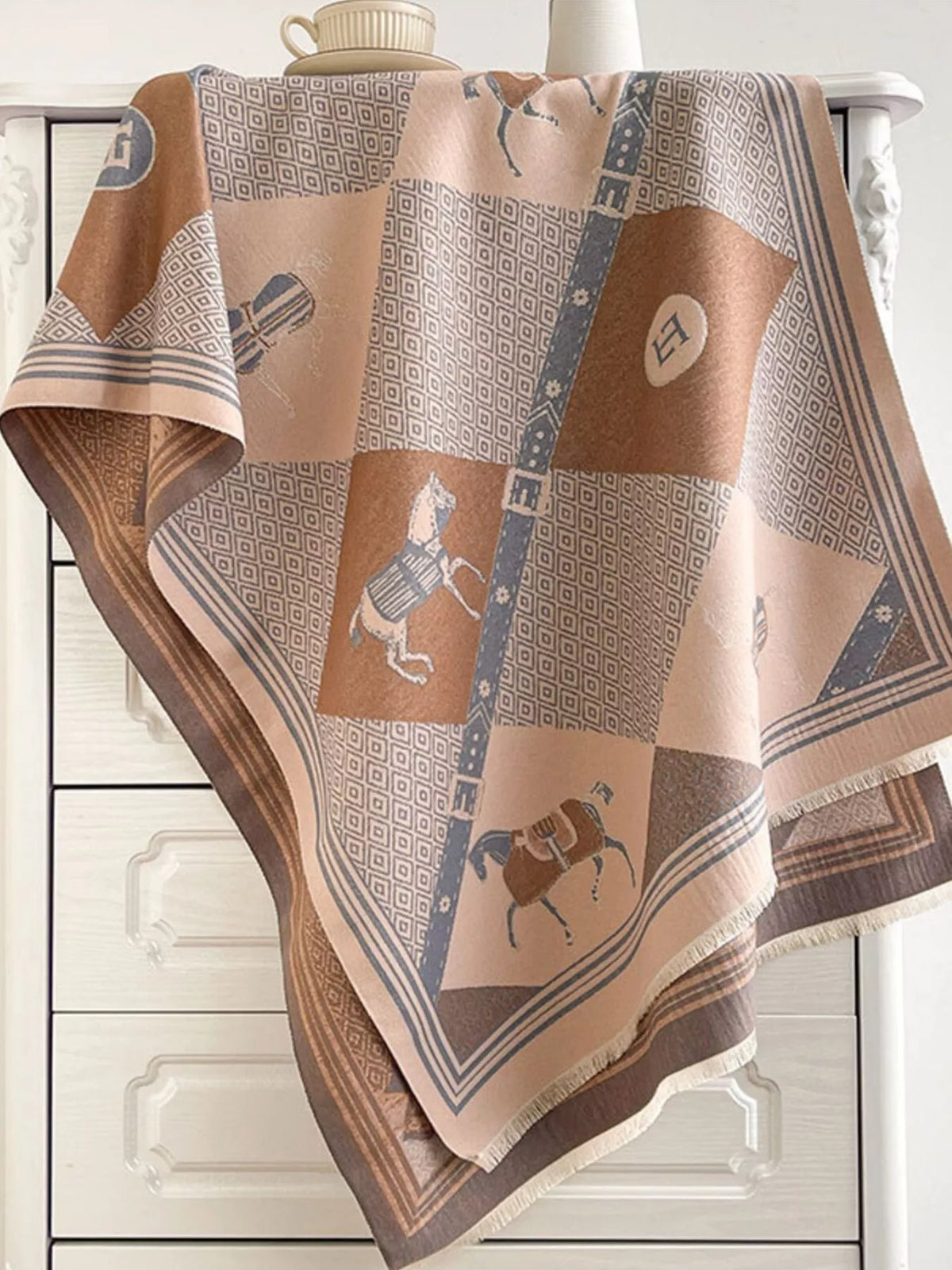 Equestrian Print Reversible Scarf - Brown - View 4
