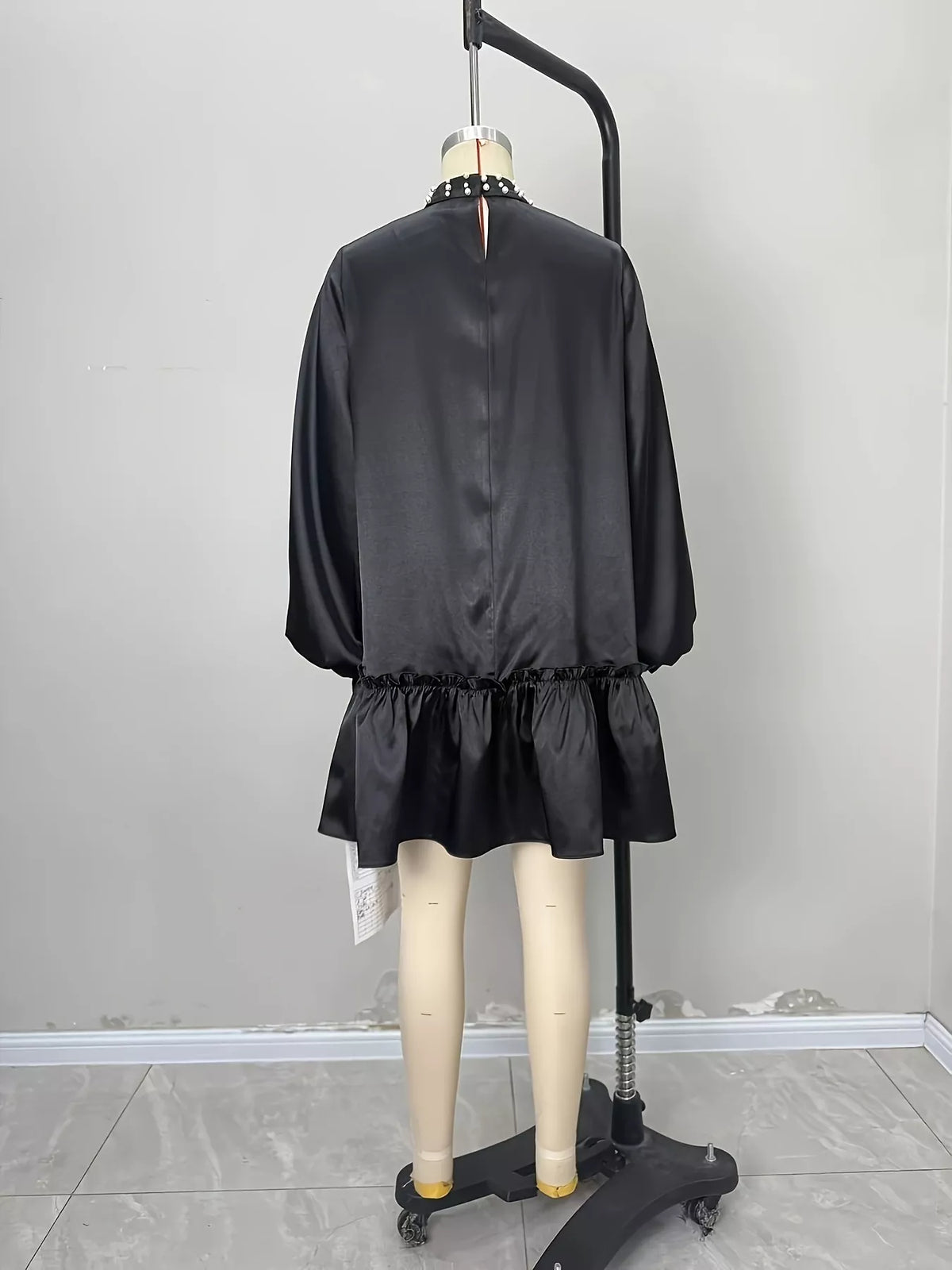 Pearl-Embellished Mock Neck Ruffle Hem Dress - Black - View 7
