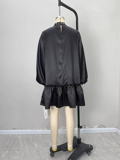 Pearl-Embellished Mock Neck Ruffle Hem Dress - Black - View 7