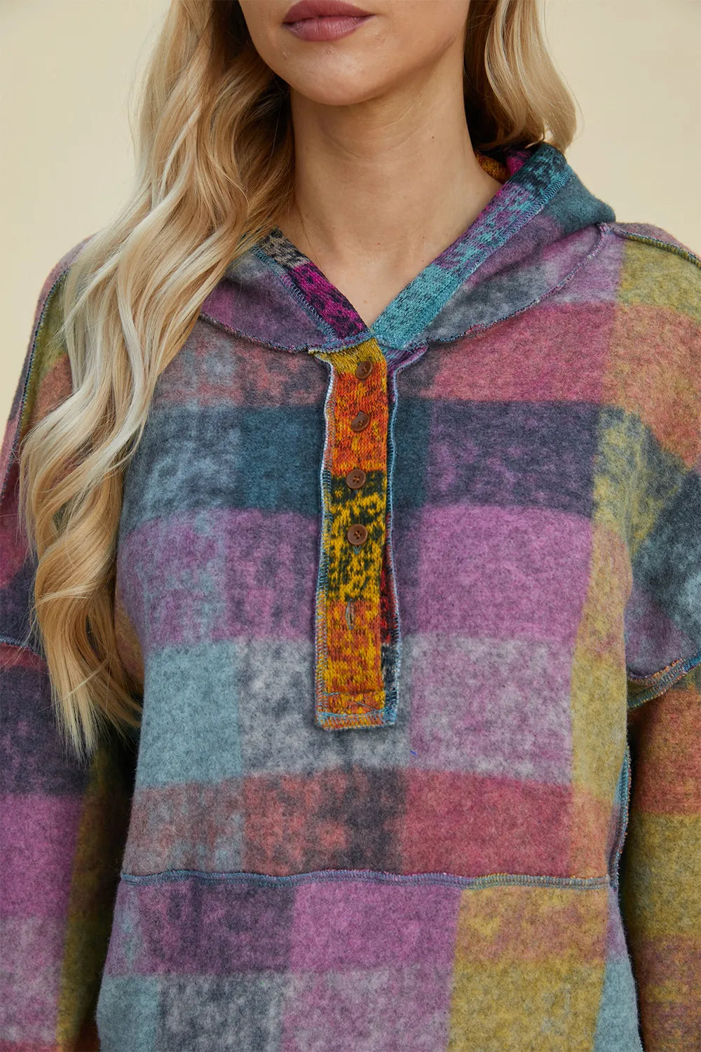 Double Take Full Size Plaid Dropped Shoulder Fleece Hoodie Plus Size - Heliotrope Purple - View 13