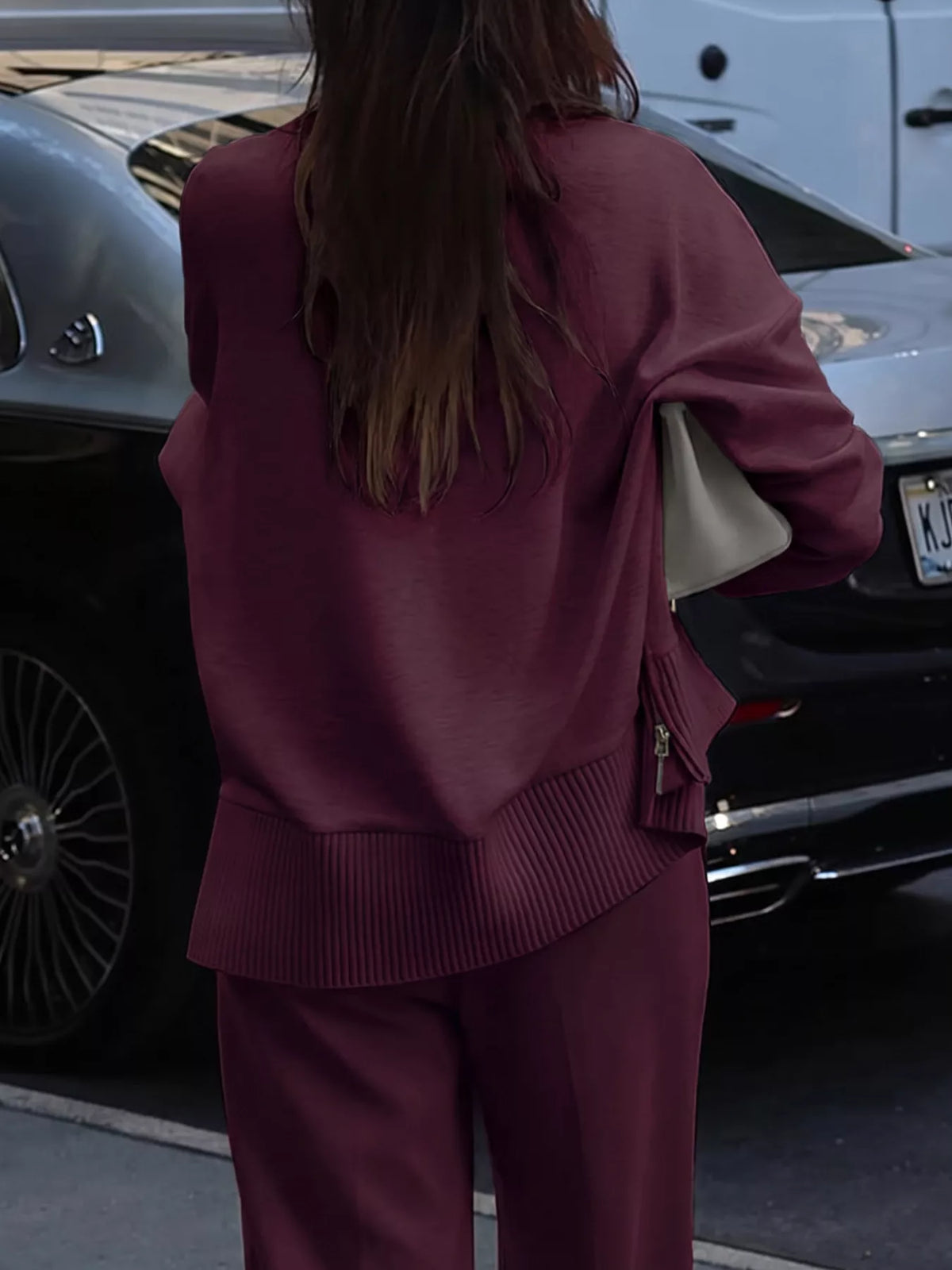 Dropped Shoulder Sweatshirt and Wide-Leg Pants Set - Burgundy - View 5