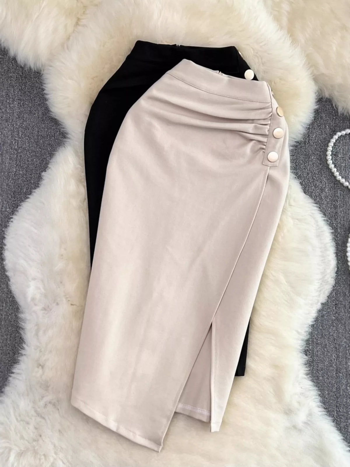 Ruched Slit Skirt - Apricot and Black group view - View 3
