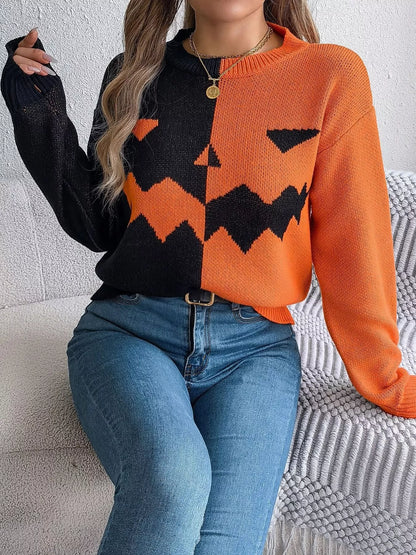 Pumpkin Face Graphic Two Tone Sweater - Orange - View 1