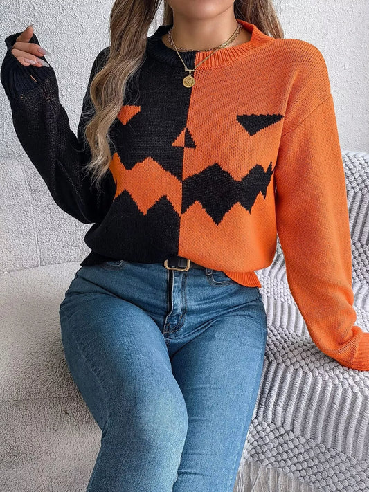 Pumpkin Face Graphic Two Tone Sweater - Orange - View 1