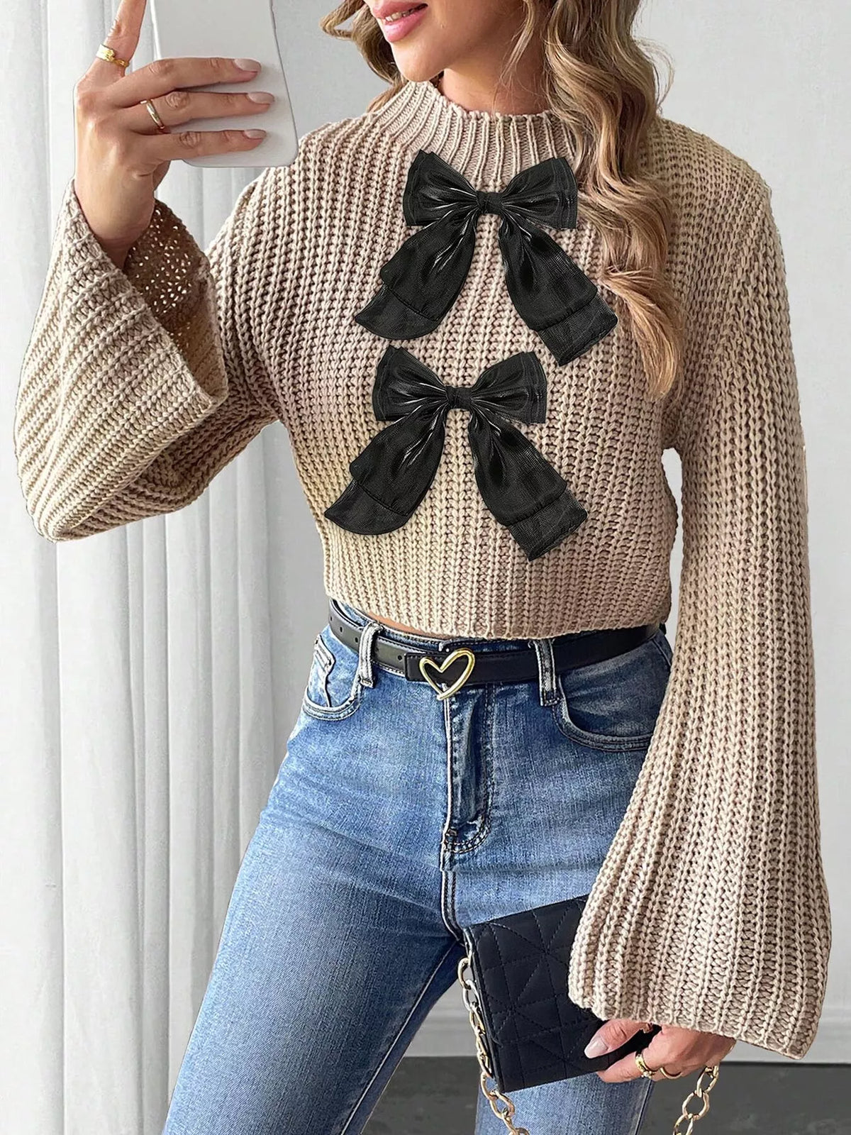Bow-Decorated Mock Neck Cropped Sweater - Khaki - View 3