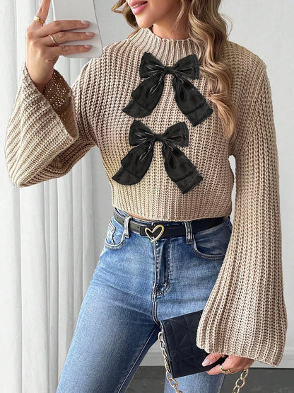 Bow-Decorated Mock Neck Cropped Sweater - Khaki - View 3