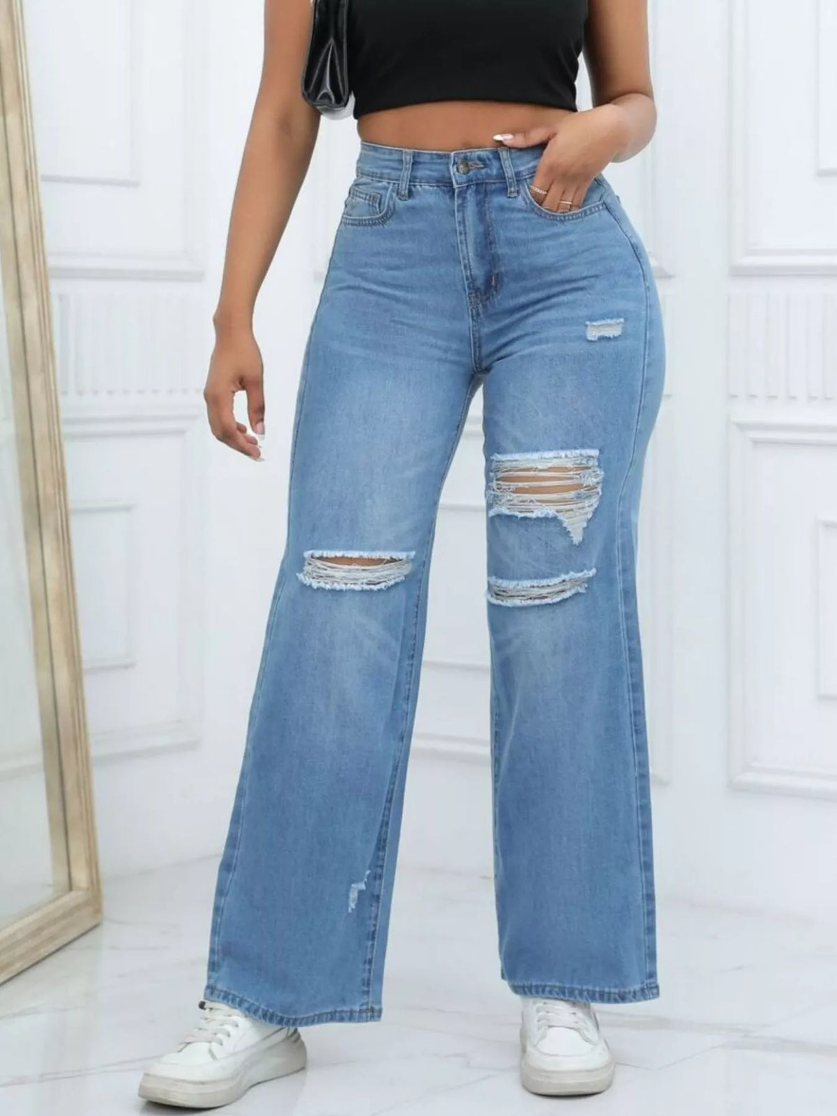 Distressed Wide-Leg Jeans - Light Blue - View 1