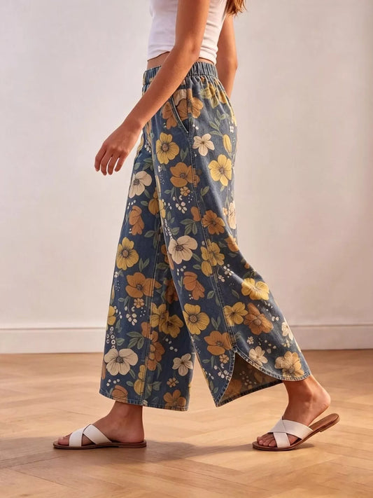 Floral Print Elastic Waist Wide-Leg Jeans - Blue - View 2